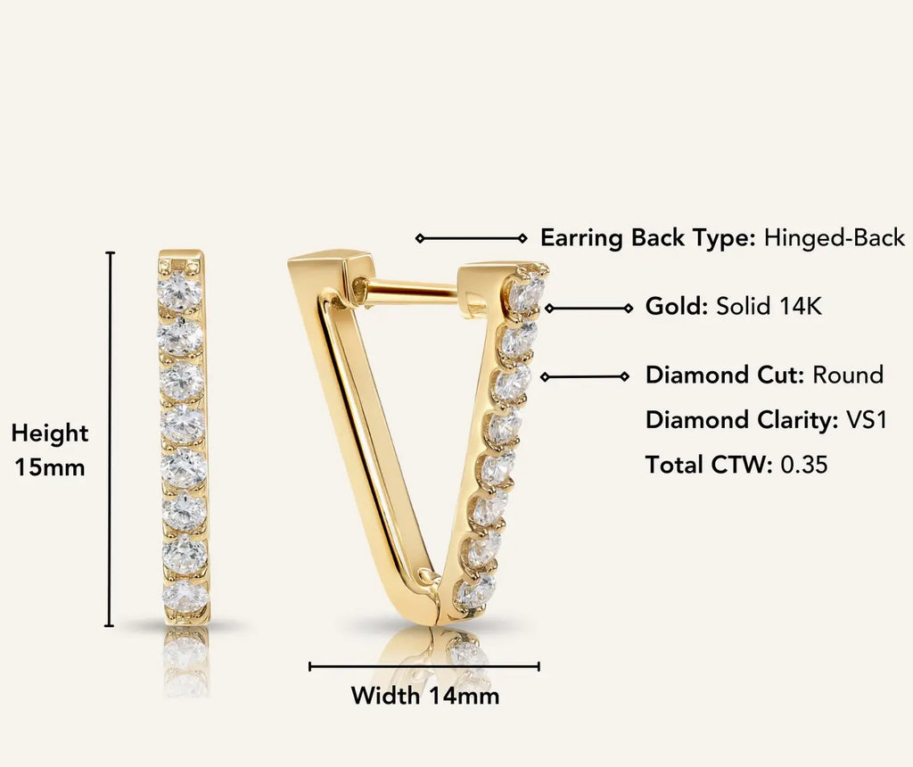 14K Solid Gold V-Shape Huggie Hoop Diamond Earring Custom
