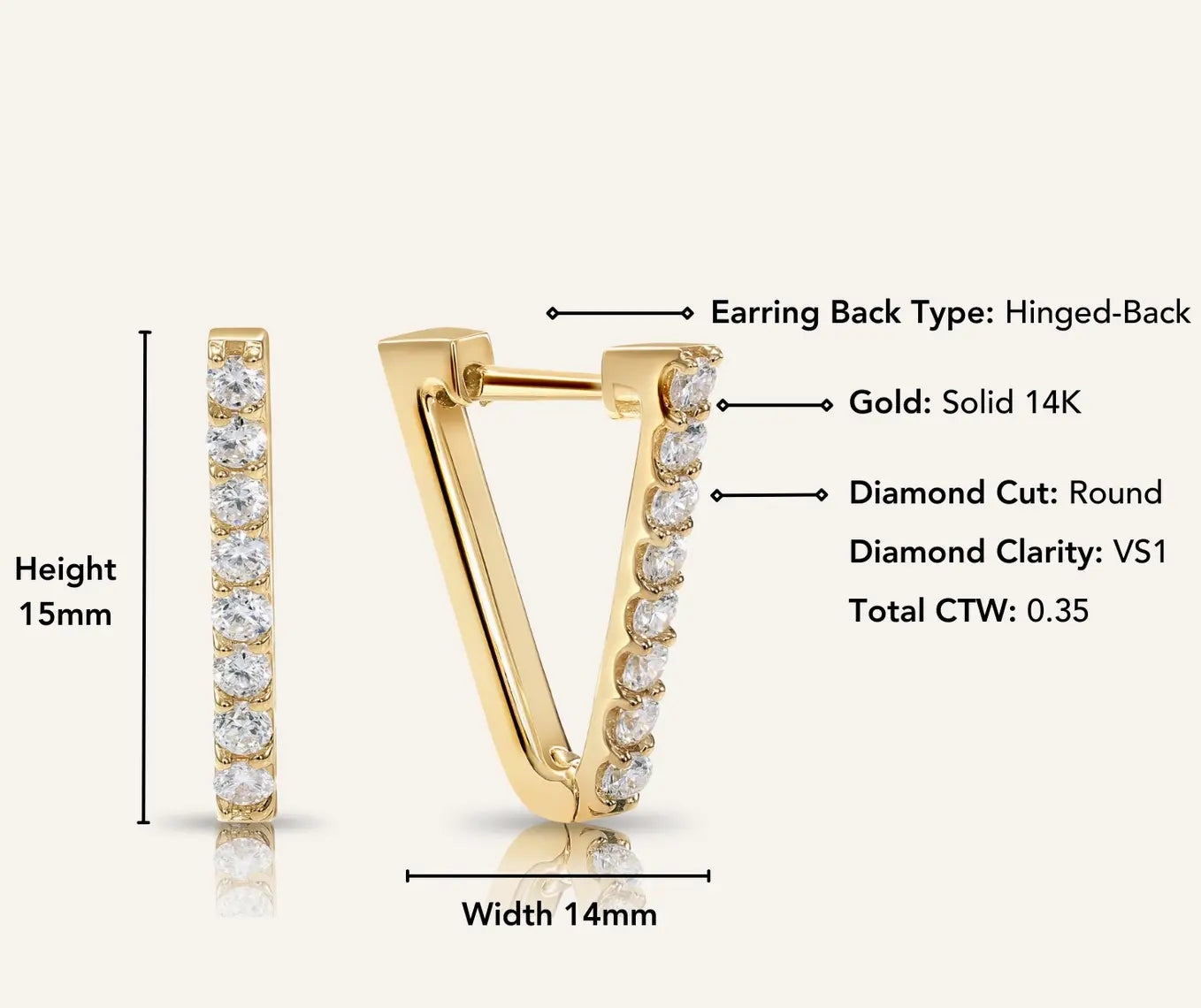 14K Solid Gold V-Shape Huggie Hoop Diamond Earring Custom