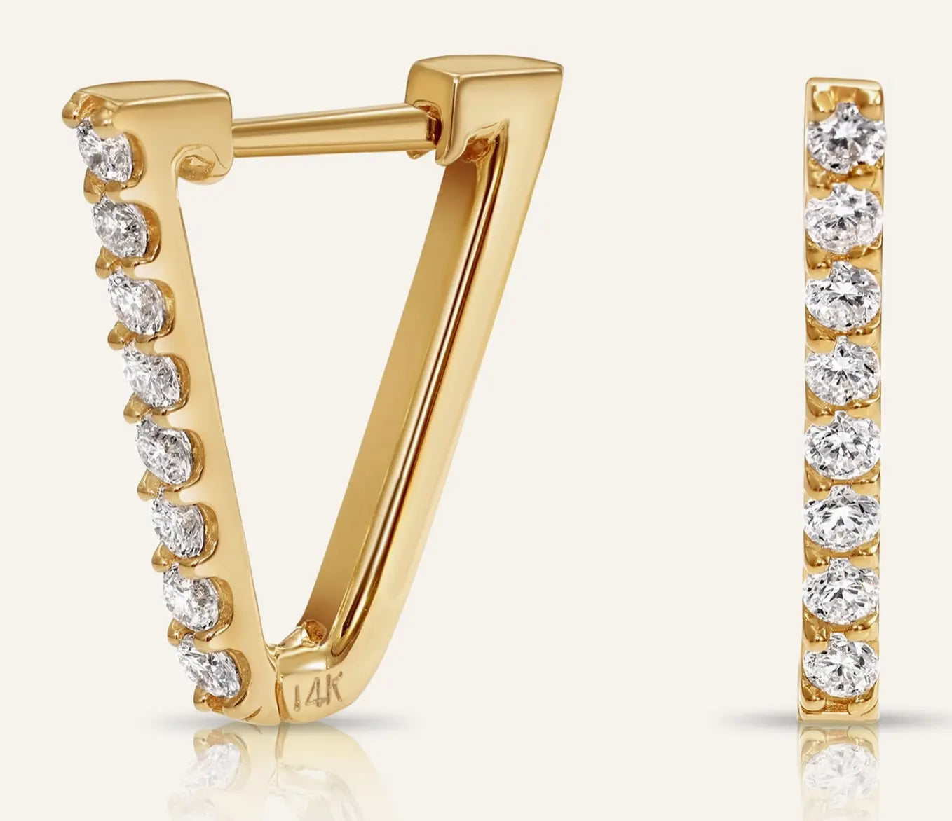 14K Solid Gold V-Shape Huggie Hoop Diamond Earring Custom