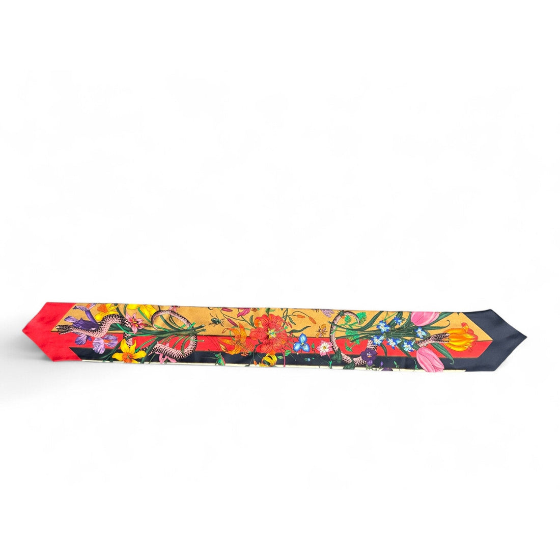 Gucci Silk Flora Snake Twill Neck Bow Scarf in Red & Blue – With Box Gucci