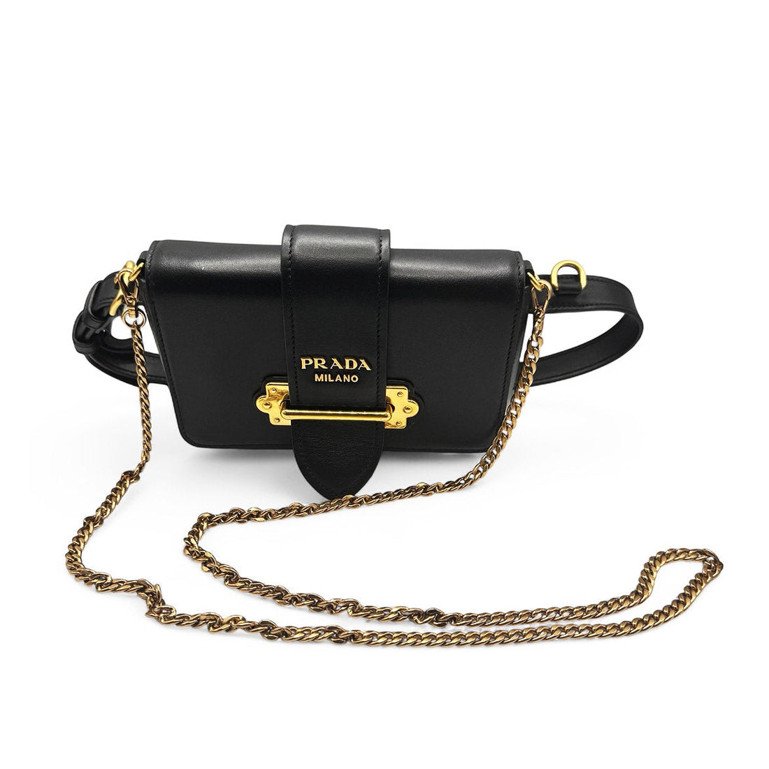 Authentic Prada Leather Cahier Convertible Belt Bag – Black with Gold Hardware PRADA