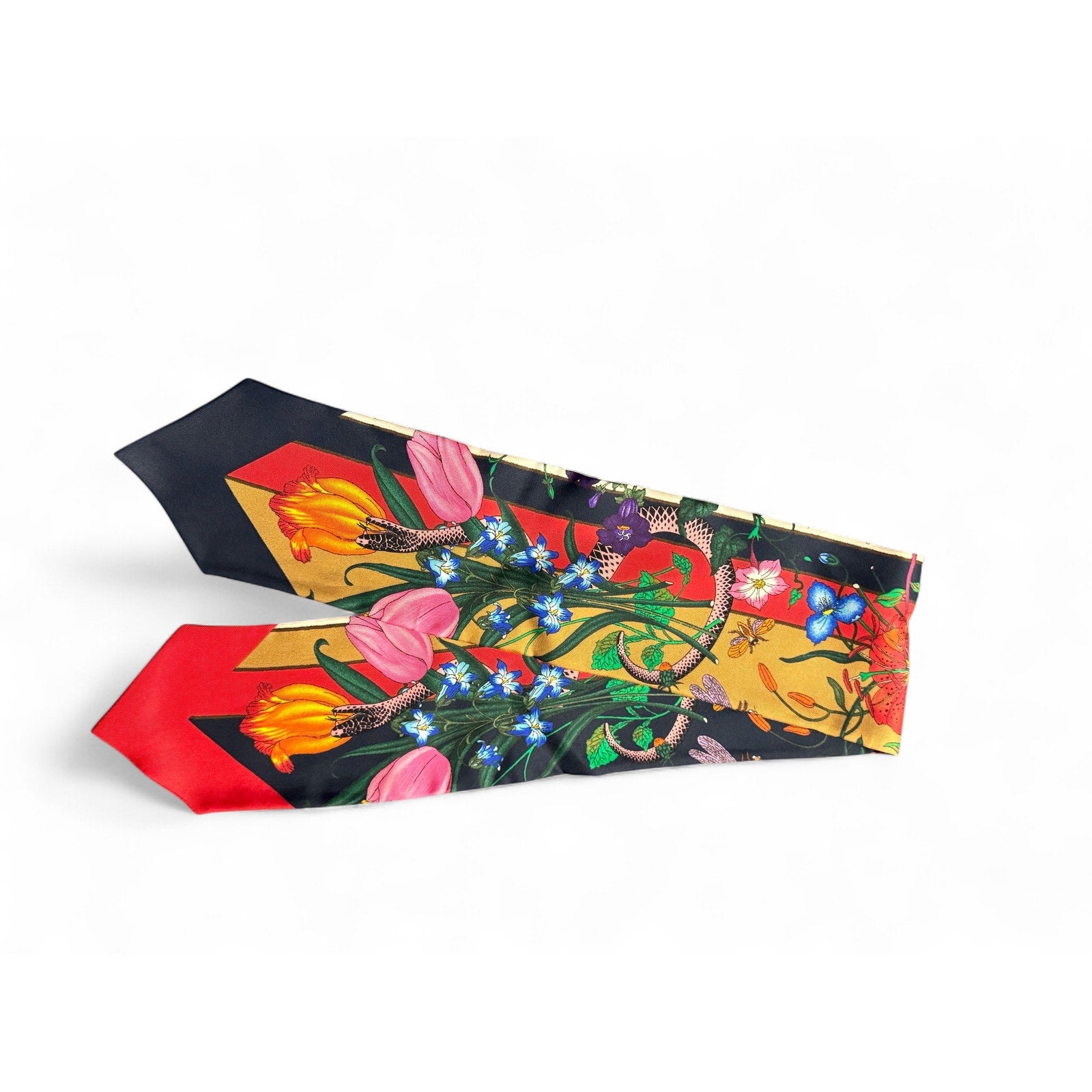 Gucci Silk Flora Snake Twill Neck Bow Scarf in Red & Blue – With Box Gucci