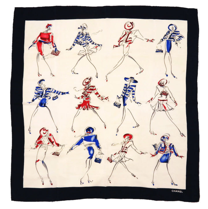 Chanel Coco Silk Beige Navy Scarf