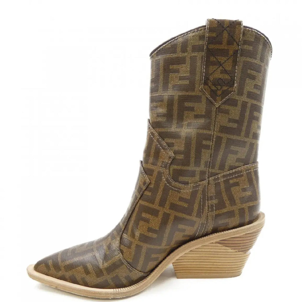 FENDI  Brown FF Logo Coated Canvas Wooden Heel Ankle Boots - Vault No9