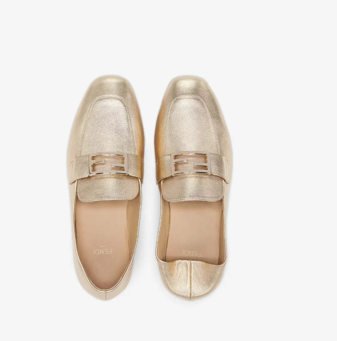 FEND Baguette Metallic champagne-colored leather loafers - Vault No9