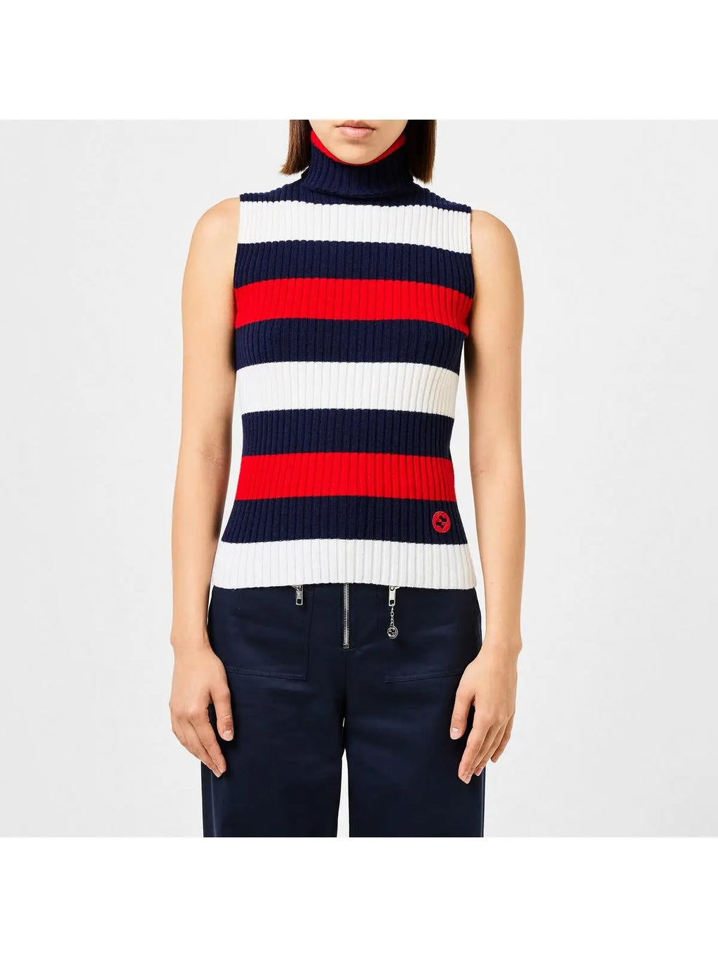 Gucci Sleeveless Ribbed Knit Mock Neck Top – Red, White & Navy Stripes Gucci