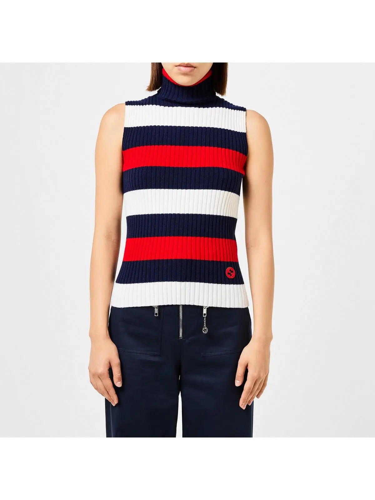 Gucci Sleeveless Ribbed Knit Mock Neck Top – Red, White & Navy Stripes Gucci