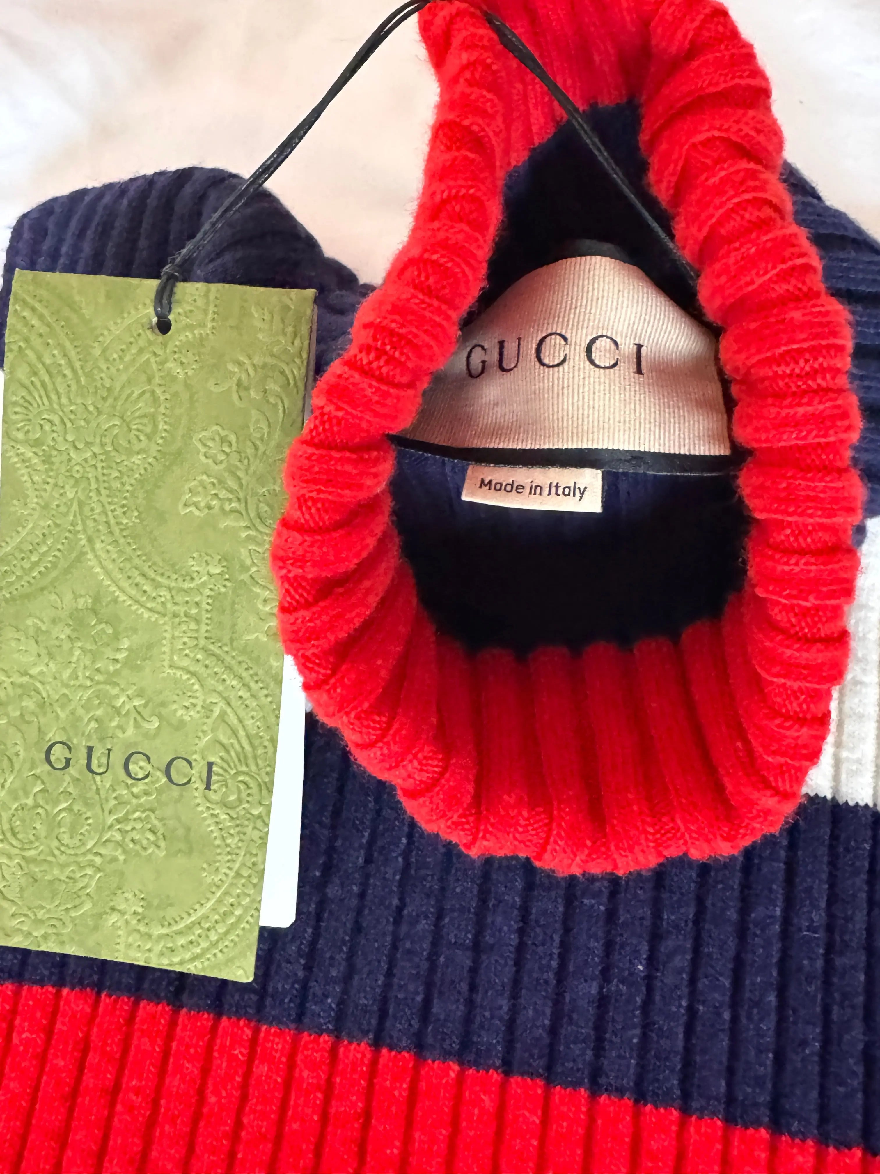 Gucci Sleeveless Ribbed Knit Mock Neck Top – Red, White & Navy Stripes Gucci