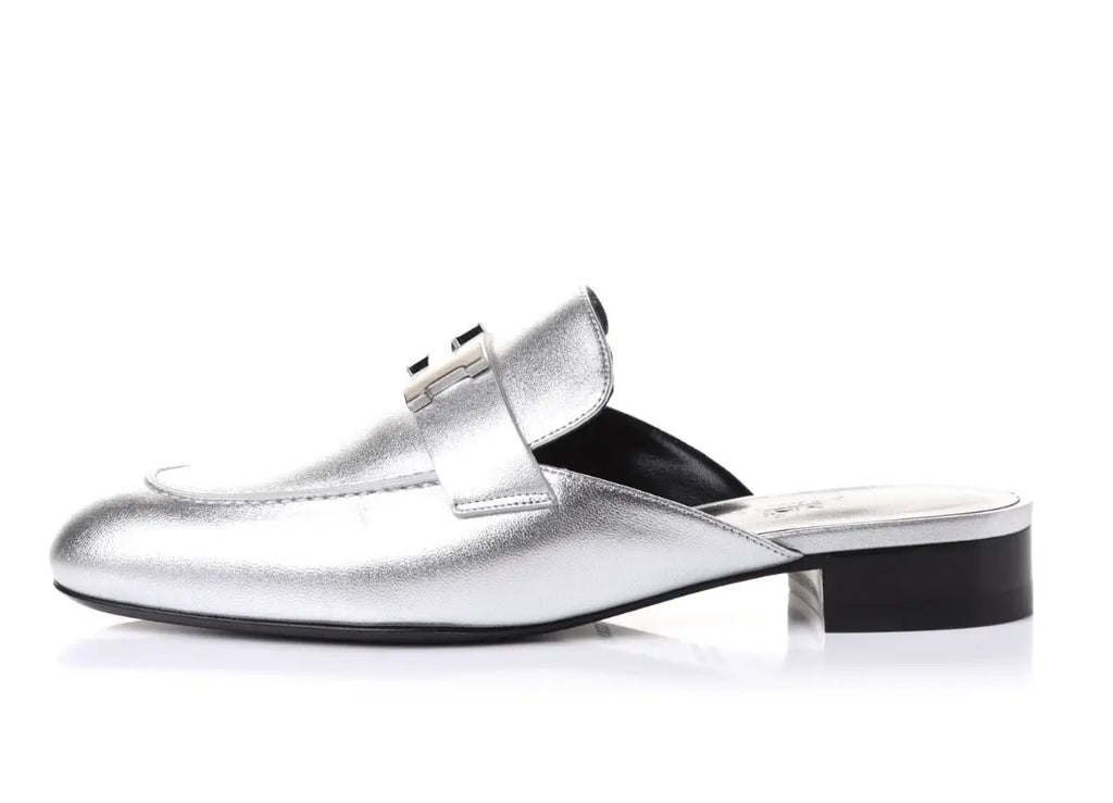 Hermes Metallic Nappa Trocadero Mule 39 Gris Argento Hermes