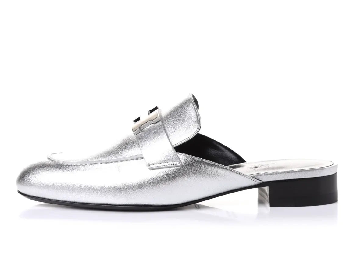 Hermes Metallic Nappa Trocadero Mule 39 Gris Argento Hermes