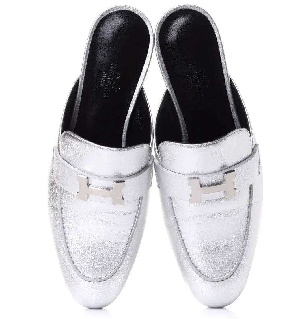 Hermes Metallic Nappa Trocadero Mule 39 Gris Argento Hermes