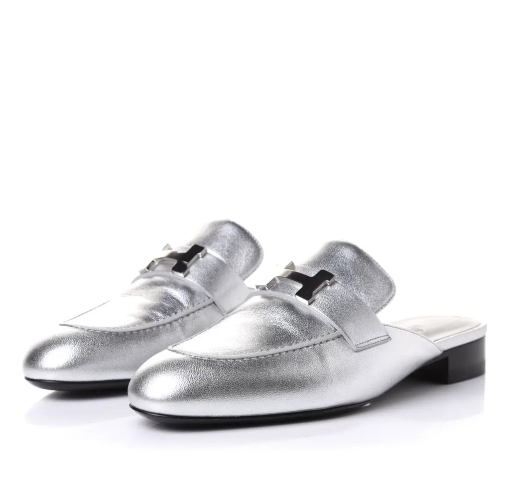 Hermes Metallic Nappa Trocadero Mule 39 Gris Argento Hermes