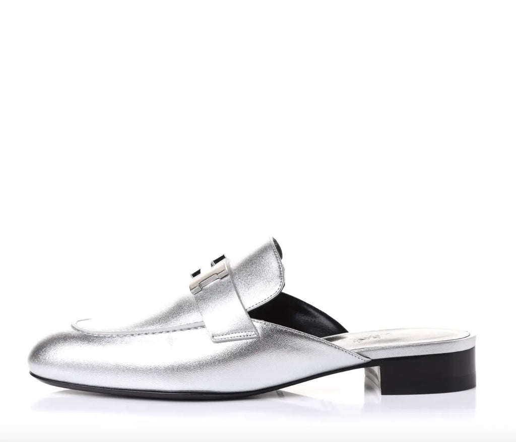Hermes Metallic Nappa Trocadero Mule 39 Gris Argento Hermes