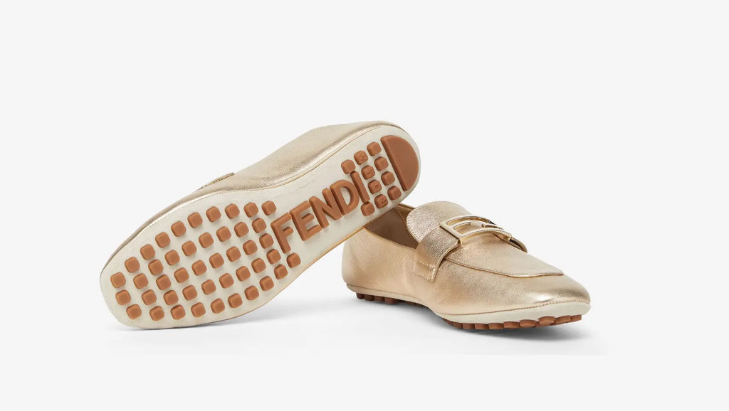 FEND Baguette Metallic champagne-colored leather loafers - Vault No9