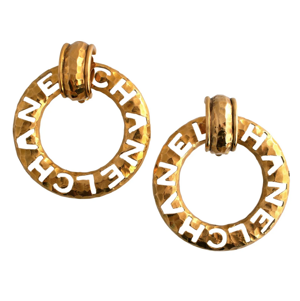 Chanel Logo Hammered Hoop Earrings CHANEL