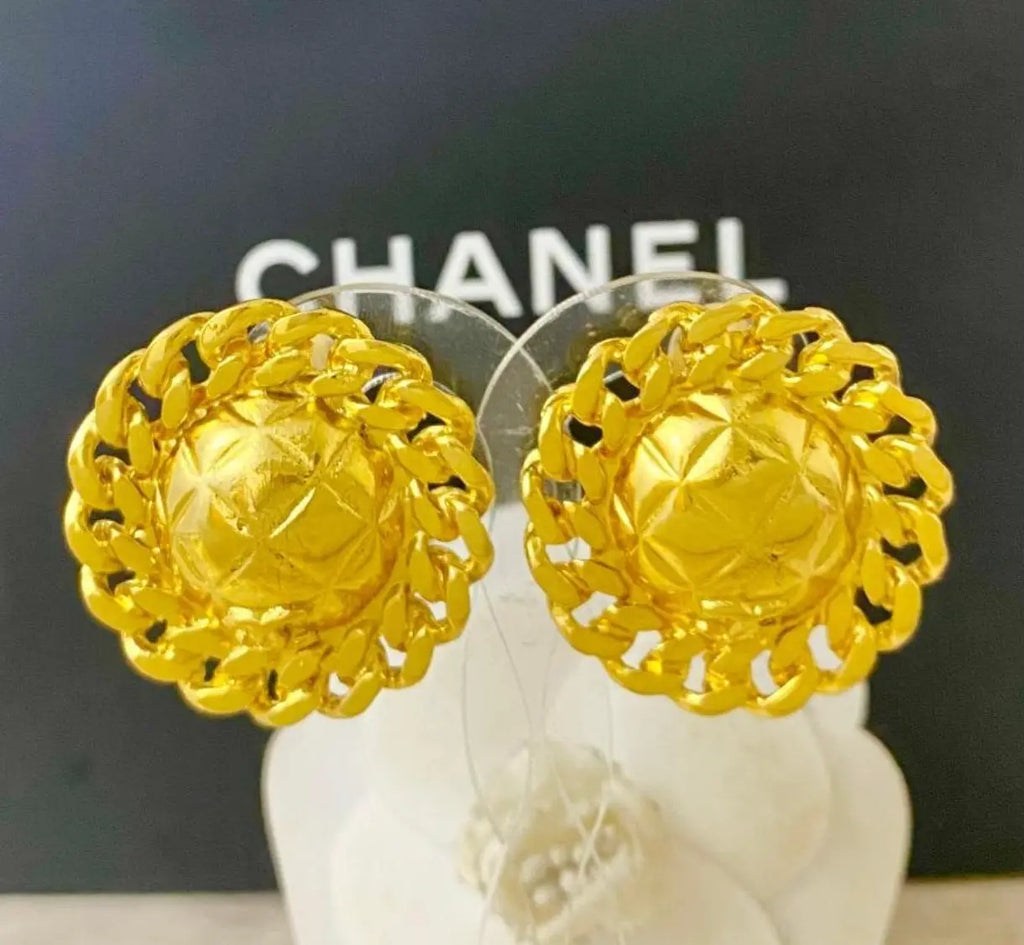 CHANEL Gold Chain Link CC Round Stud Button Earrings CHANEL