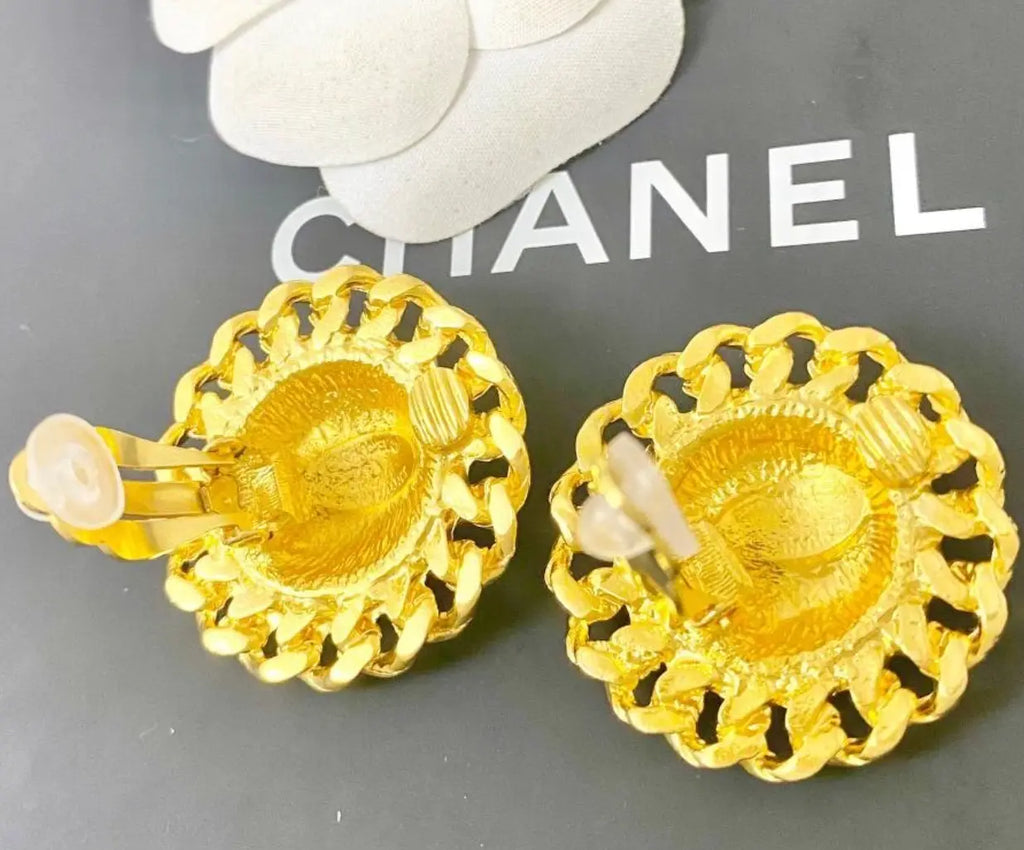 CHANEL Gold Chain Link CC Round Stud Button Earrings CHANEL