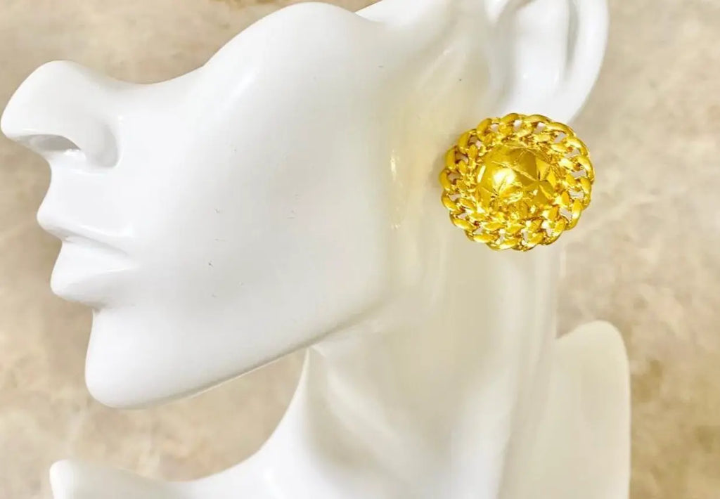 CHANEL Gold Chain Link CC Round Stud Button Earrings CHANEL