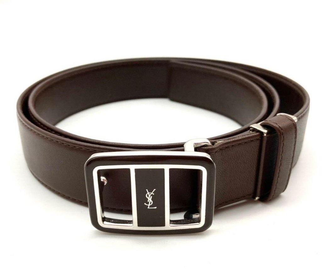 Yves Saint Laurent Dark Brown Leather Logo Belt with Anchor Buckle Saint Laurent