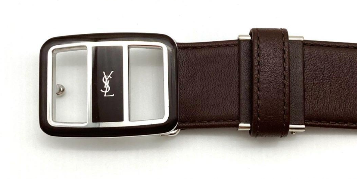 Yves Saint Laurent Dark Brown Leather Logo Belt with Anchor Buckle Saint Laurent