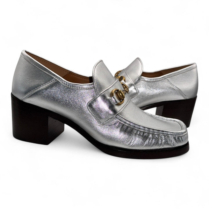 Gucci Vegas Horsebit Loafer, Silver Leather W/gold Hardware Gucci