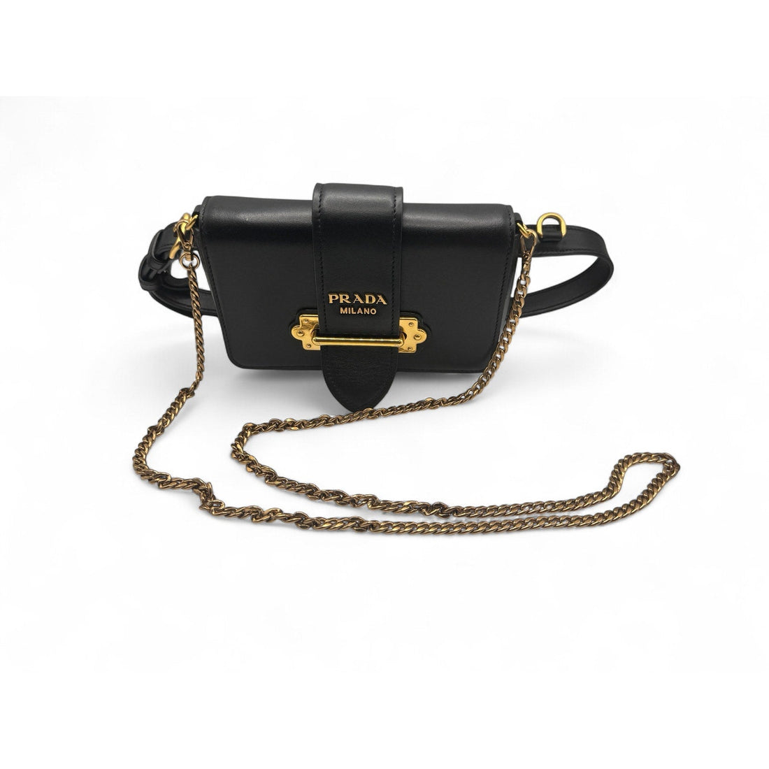 Authentic Prada Leather Cahier Convertible Belt Bag – Black with Gold Hardware PRADA